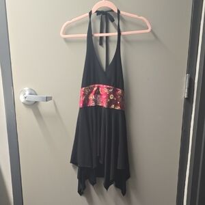 Black Halter Top with Floral Accent